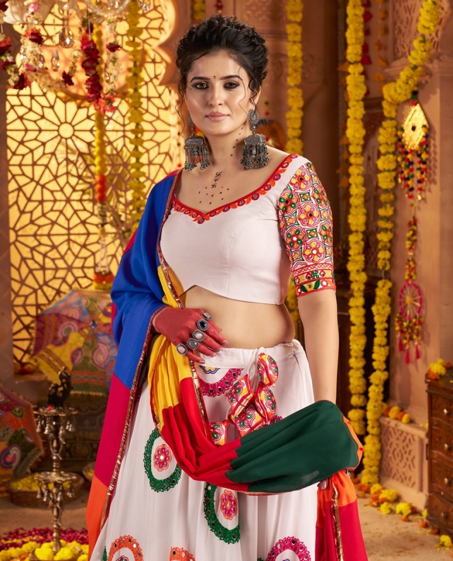 11014 - Pretty White Mirror Work Navratri Wear Lehenga Choli With Dupatta